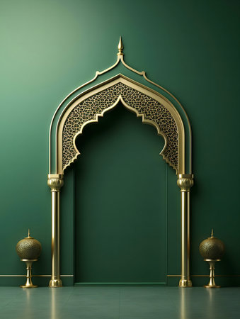 Golden Islamic archway with intricate arabesque details against a deep green wall.の写真素材