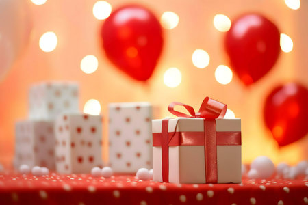 A single white gift box with a red ribbon sits in front of blurred red balloons and warm lights,...