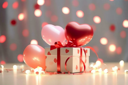 A gift box decorated with hearts and surrounded by heart-shaped balloons.の写真素材