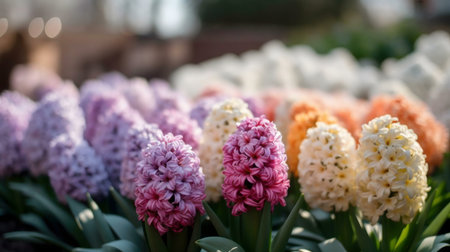 Close-up of colorful hyacinths in full bloom. Pastel hues create a stunning display of spring flowers.の写真素材