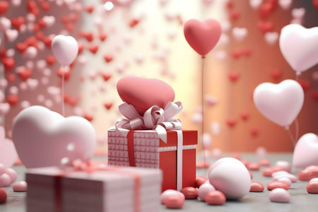 A red gift box with a pink heart sits surrounded by pink heart balloons and candy. Valentine's Day.