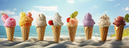 Assorted ice cream flavors in waffle cones on a sandy beach. A perfect summer scene!