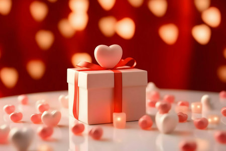 A white gift box with a red ribbon and a heart on top, surrounded by heartshaped candies and a warm...