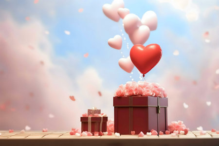 A red heart balloon sits atop a gift box filled with pink roses, a romantic Valentine's Day scene.の写真素材