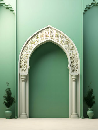 3D render of an elegant Islamic archway. Green walls, white columns, intricate details.の写真素材