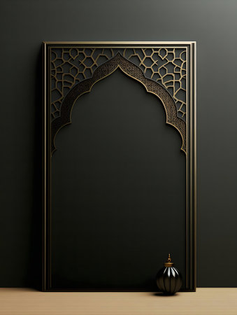 An elegant black and gold Islamic arch design with a black ornament. Perfect for Ramadan or Eid.の写真素材