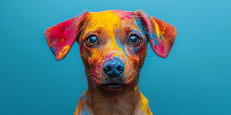 A colorful dog portrait against a blue background.の写真素材