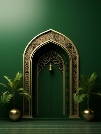 Green and gold interior design. Islamic-inspired archway.の写真素材