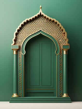 3D rendering of an elegant Islamic archway with green and gold details.の写真素材