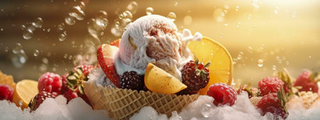 A mouthwatering image of an ice cream sundae, adorned with fresh berries and citrus slices, sitting on ice.の写真素材