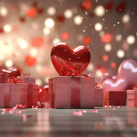 A romantic image of a red heart-shaped balloon on top of a gift box surrounded by other presents and pink hearts for Valentine's Day.の写真素材