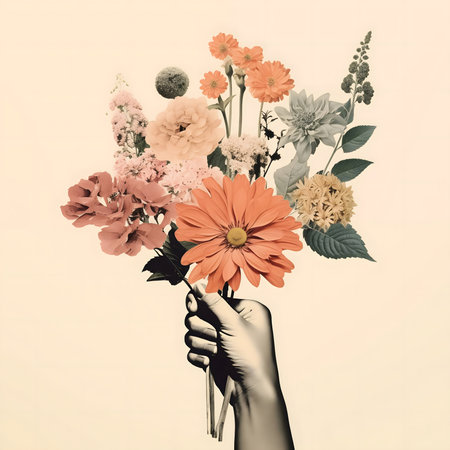 A vintage-style image showcasing a vibrant bouquet of flowers held in a hand.の写真素材