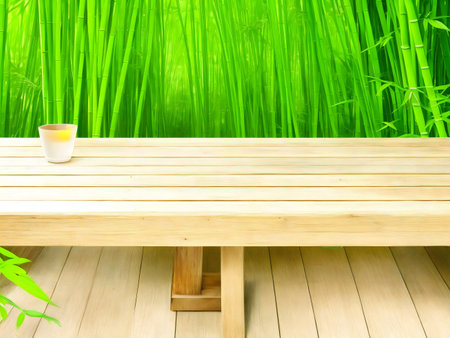 Peaceful scene of a wooden bench before a vibrant bamboo forest, candle adding to ambiance.の写真素材