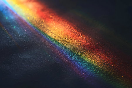A vibrant rainbow refracted through water droplets on a dark surface.