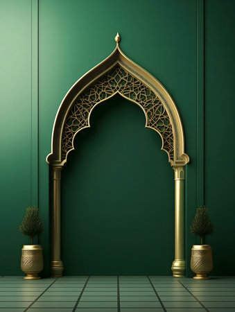 A golden Islamic archway with details intricately set against a rich emerald green wall. Elegant and luxurious design.の写真素材