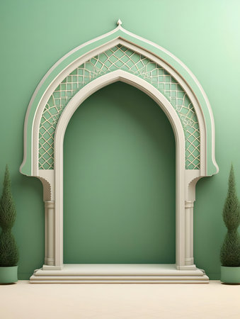 A serene image of an elegant Islamic archway in a minimalist green interior setting.の写真素材