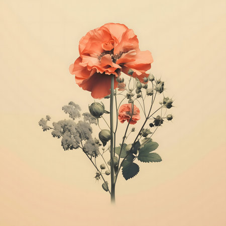 A peach-colored poppy dominates this elegant floral still life, accompanied by other blossoms and foliage, captured in a soft, vintage style.の写真素材