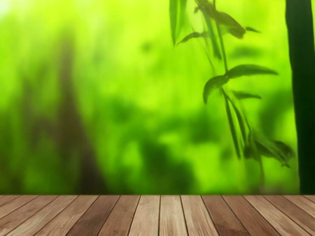 Tranquil green nature background with a wooden deck. Perfect for product display.