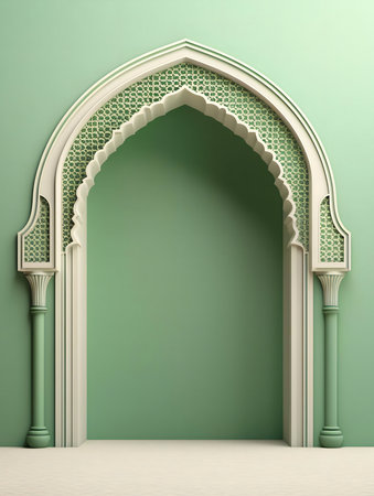 An image of an Islamic archway with intricate details. Green and white color scheme, serene and elegantの写真素材