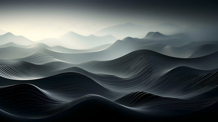 Digital art depicting a serene hillscape. Dark, monochromatic tones create a calm atmosphere.