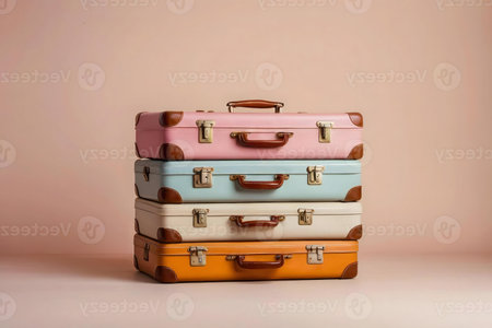 A stack of pastel-colored vintage suitcases against a soft pink background.