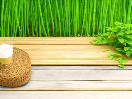 Peaceful bamboo grove scene with a glass of milk on a wooden table. Perfect for relaxationの写真素材