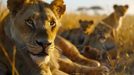 A lioness and her cubs bask in the warm glow of the African sunset. A beautiful scene of family and nature.の写真素材