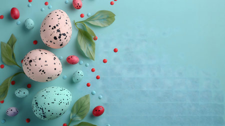 A delightful Easter image featuring pastel-colored eggs, green leaves, and red candies on a...