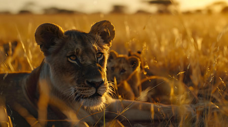 A lioness and her cubs bask in the golden light of the African sunset. A captivating wildlife scene.の写真素材