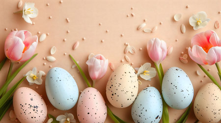 Pastel-colored Easter eggs and pink tulips arranged on a peach background. Perfect for spring...
