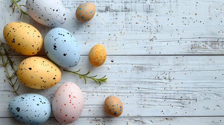 Colorful speckled Easter eggs arranged on a rustic white wooden background. Perfect for spring...