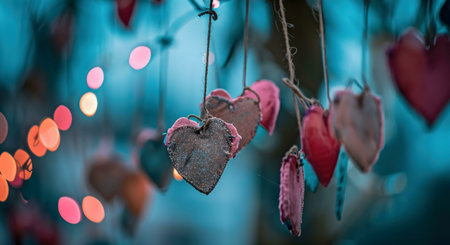 Romantic hearts hanging, teal bokeh backgroundの写真素材