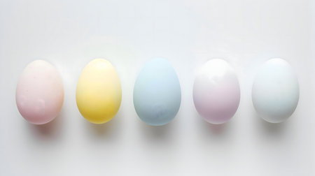 Five pastel-colored Easter eggs arranged in a row on a white background.