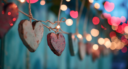 Close-up of a string of heart-shaped ornaments with fairy lights, perfect for Valentine's Day.