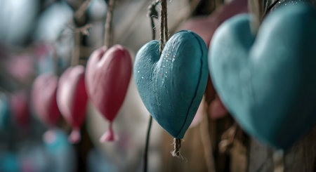 Close-up of heart-shaped decorations hanging, showcasing soft colors and textures.の写真素材