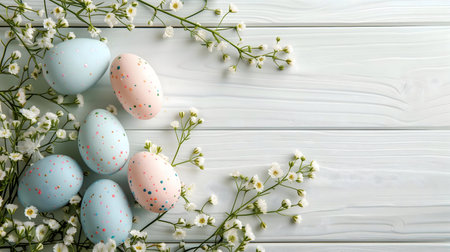Pastel Easter eggs and delicate white flowers arranged on a rustic wooden background. Perfect for...