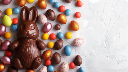 A delightful image of a chocolate Easter bunny surrounded by colorful eggs and candies. Perfect for...