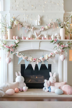 A charming pastel Easter fireplace mantel decorated with bunnies, eggs, and flowers.の写真素材