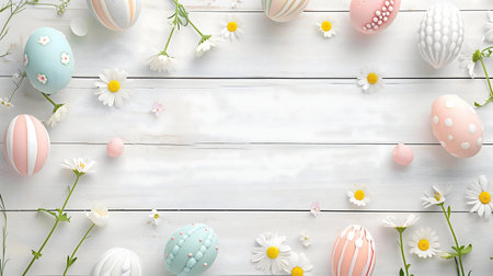 Pretty pastel Easter eggs and daisies arranged on a white wooden background. Perfect for spring...