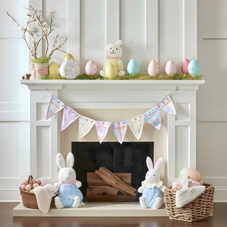 Adorable pastel Easter mantel decoration featuring bunnies, eggs, and a festive banner.の写真素材