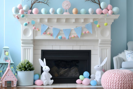 Pastel Easter decorations adorning a fireplace. White bunnies, colorful balloons, and a pastel arrangement create a festive atmosphere.の写真素材