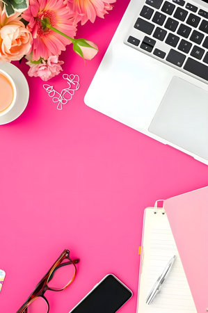 A vibrant flatlay showing a feminine workspace. Featuring a laptop, flowers, notebook and accessories on a pink background.の写真素材