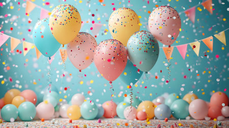 Pastel balloons float amidst falling confetti, creating a joyous and festive atmosphere. Perfect for celebrations.の写真素材