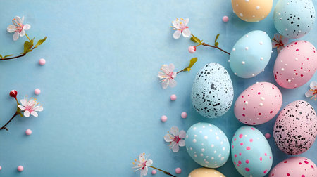 A delightful arrangement of pastel Easter eggs and delicate spring blossoms on a light blue...