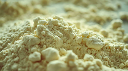 A detailed close-up shot of a pile of flour, showing its texture and creamy, yellowish color. Perfect for baking and cooking recipes.の写真素材