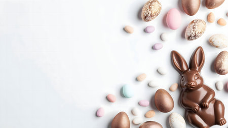 A delightful flatlay featuring a chocolate Easter bunny surrounded by colorful candy eggs and pastel sweets.の写真素材