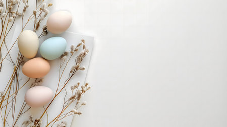 Five pastel colored eggs and dried flower branches on a white background. A simple and elegant Easter image.の写真素材