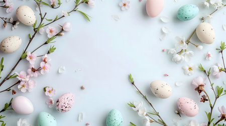 A delightful flatlay showcasing pastel Easter eggs nestled amongst delicate spring blossoms. Perfect...