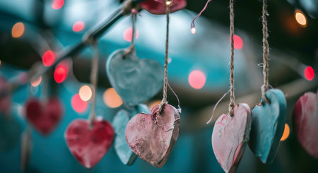 Charming clay hearts hang, creating a romantic atmosphere. Perfect for Valentine's Day.の写真素材
