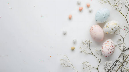 Pastel Easter eggs arranged with baby's breath flowers on a white background.の写真素材
